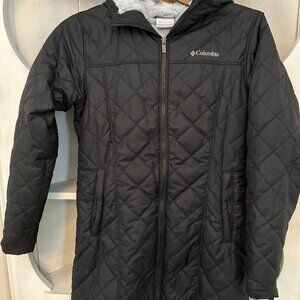 *EUC* Women's COLUMBIA Black Quilted Hooded Jacket Full Lined Mid-Length sz Sm